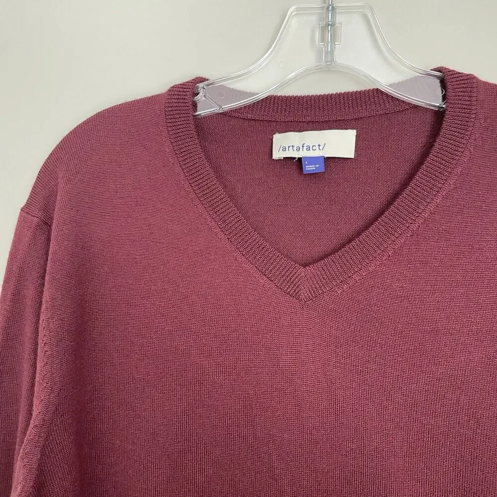Artefact Size L Mens Burgundy Red V Neck Merino Wool Pullover Sweater